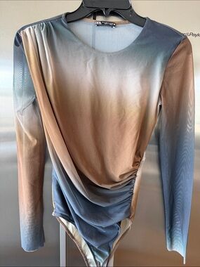 Zara Ombre Draped Long-Sleeve Bodysuit - Blue & Brown